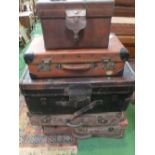 Travelling trunk, 3 leather suitcases & leather hat box