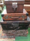 Travelling trunk, 3 leather suitcases & leather hat box