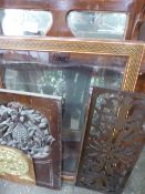 Over mantel mirror, a/f, framed glass panel, pierced carved panel, Insurance plaque, wall mirror,