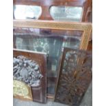 Over mantel mirror, a/f, framed glass panel, pierced carved panel, Insurance plaque, wall mirror,