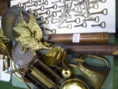 Qty of copper & brass & a display of bottle openers