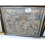 Framed & glazed hand-coloured map of Berkshire, dated 1350, with place names, history & Hundreds