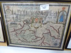 Framed & glazed hand-coloured map of Berkshire, dated 1350, with place names, history & Hundreds