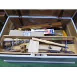 Pine carpenter's box including various hand tools & 2 empty tool boxes