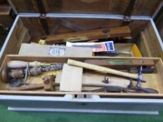 Pine carpenter's box including various hand tools & 2 empty tool boxes