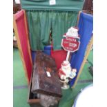 Punch & Judy screen with metal tin containing various dolls & Father Christmas figure