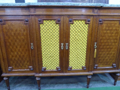 Mahogany marble topped side cabinet flanked by cupboards with sliding trays, 57' x 39.5' x 19' ( - Image 2 of 4