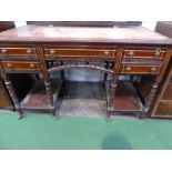 Mahogany sideboard on 8 turned legs to castors with centre drawer flanked by 2 smaller drawers,
