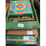 2 bagatelle boards, shove halfpenny board, table skittle set & a Spears ring board game