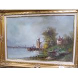 Framed oil on canvas of a river bank scene with boats, signed H van Dongen