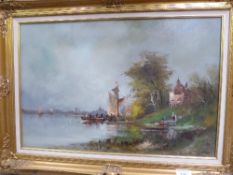 Framed oil on canvas of a river bank scene with boats, signed H van Dongen