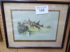 Framed & glazed hunting print by J S Sanderson Wells, 'Over they go'