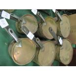 6 graduated copper pans with lids (several marked Johnson & Ravey)