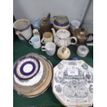 Qty of china (mainly plates) & 2 metal ware teapots