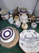 Qty of china (mainly plates) & 2 metal ware teapots