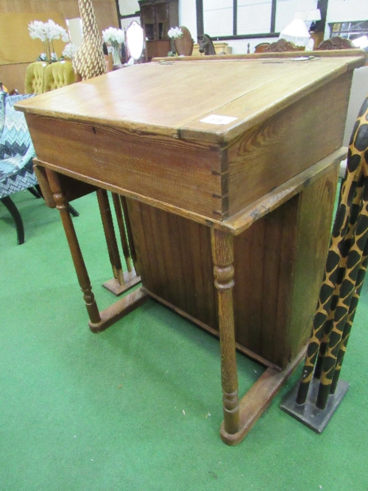 An antique pine 'Wake & Dean' school master's desk with rising lid, 2 ceramic inkwells, cupboard - Image 2 of 6