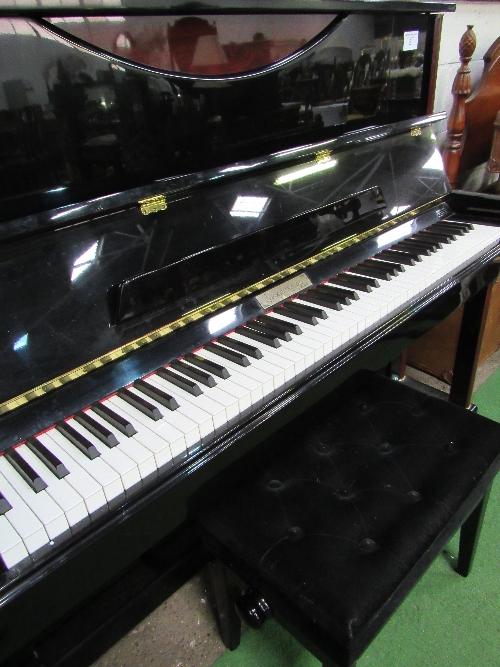 A Hemmington upright piano in gloss black finish with dark brown embellishments, on casters. Frame - Image 3 of 4