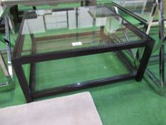 Glass top low table with black painted wood frame & glass shelf beneath, 38" x 38" x 16" high