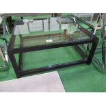 Glass top low table with black painted wood frame & glass shelf beneath, 38" x 38" x 16" high