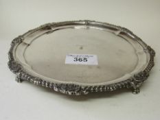 Circular silver tray with decorated edge by Shapland of London, engraved 'SY Angela' with unicorn'