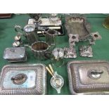 Qty of silver plate including a pair of candlesticks & bone handled fish servers in case