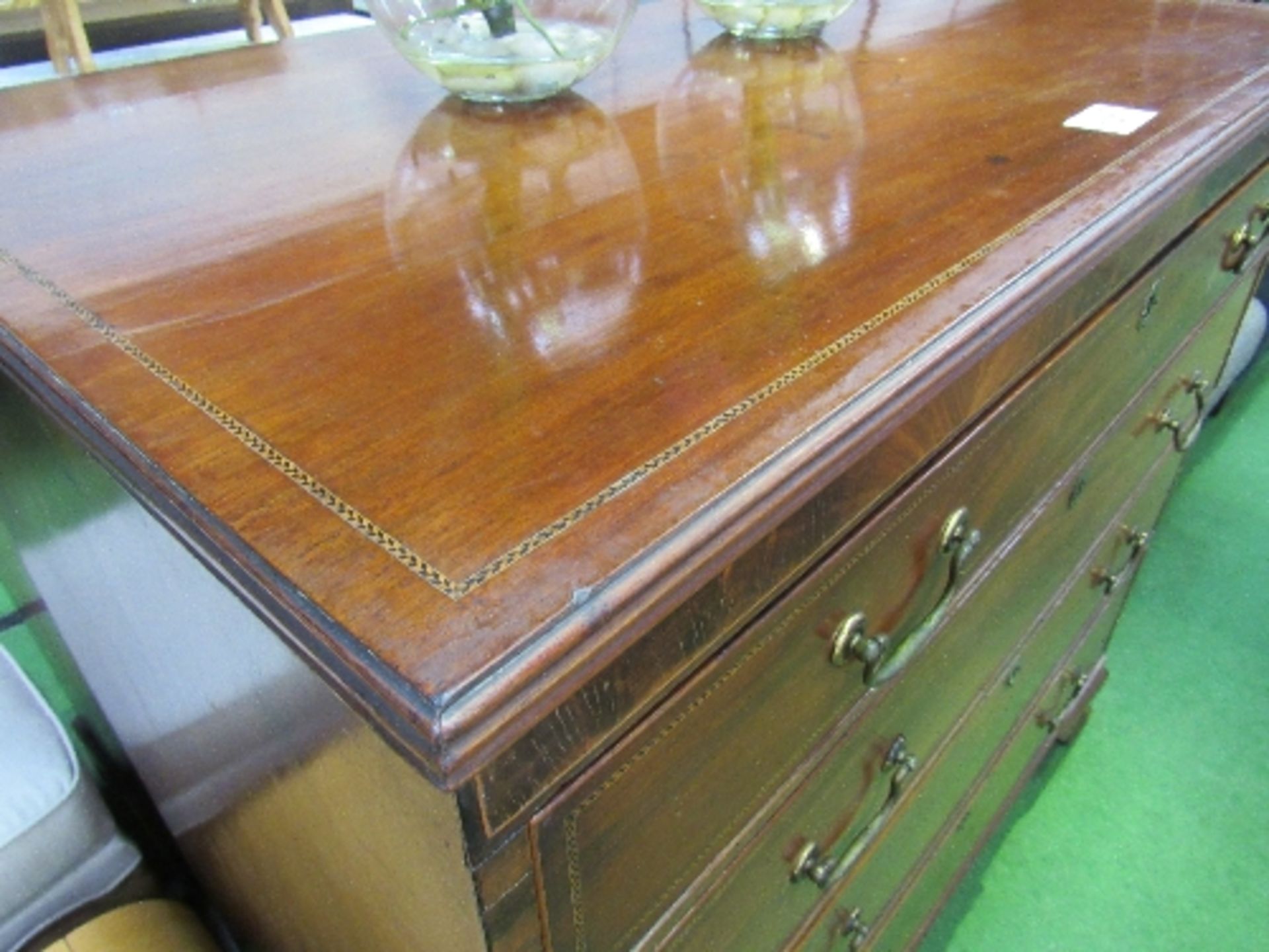 Victorian mahogany chest of 4 drawers with string inlay on bracket feet, 44" x 21" x 40" high - Image 4 of 4