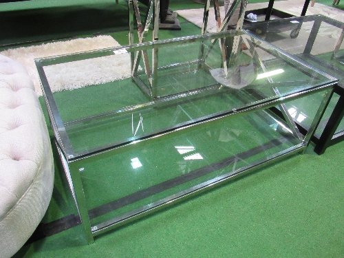 Glass topped low table on chrome frame with glass shelf beneath, 48" x 28" x 18" high