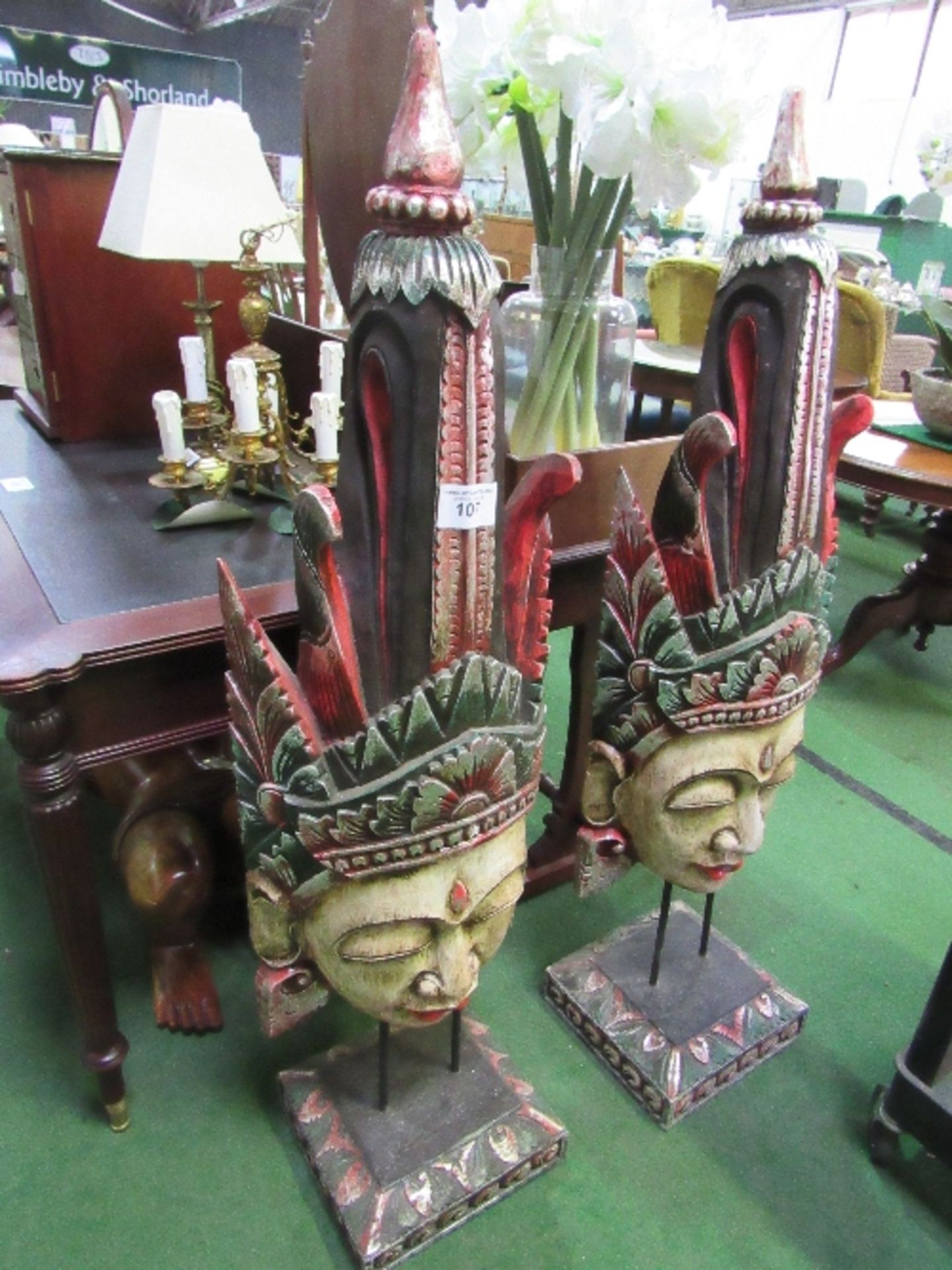 2 large carved wood Balinese female masks on stands - Image 2 of 3