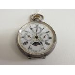 Swiss 935 silver cased white enamel faced Fob watch with month, day & date dials and seconds dial