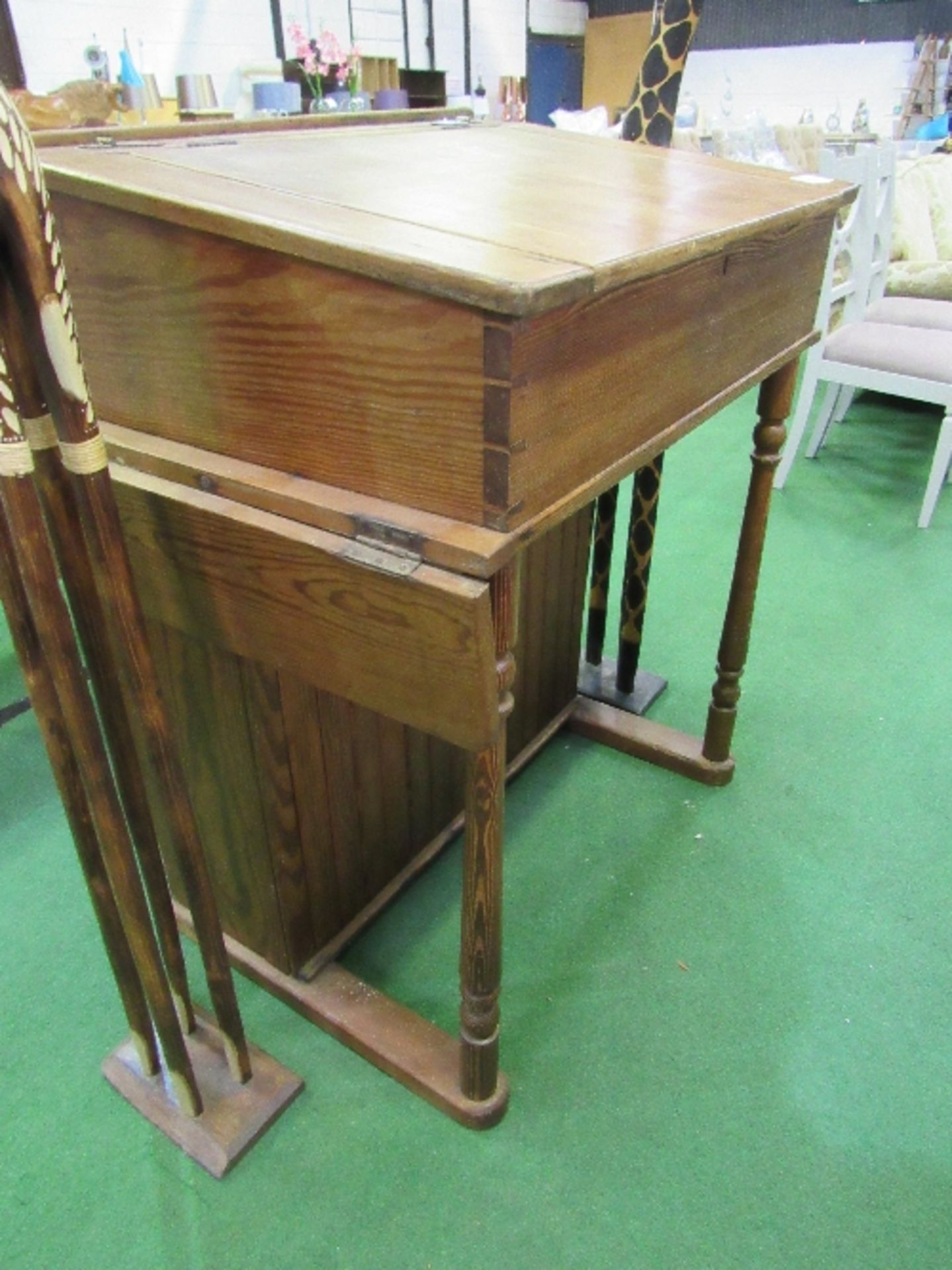 An antique pine 'Wake & Dean' school master's desk with rising lid, 2 ceramic inkwells, cupboard - Image 3 of 6