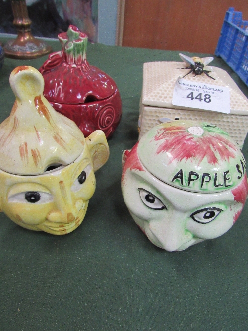 2 Price 'Face' storage jars (1 a/f), a Sylvac 'Beetroot' & a Crown Devon Beehive storage container