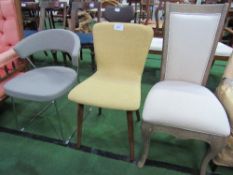 Grey leather-effect & chrome framed chair, yellow upholstered Bentwood chair & upholstered limed
