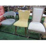 Grey leather-effect & chrome framed chair, yellow upholstered Bentwood chair & upholstered limed