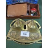 Brass Art Deco style desk tidy & ink stand c/w glass wells; a leather & silver bound wallet '