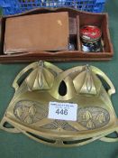 Brass Art Deco style desk tidy & ink stand c/w glass wells; a leather & silver bound wallet '