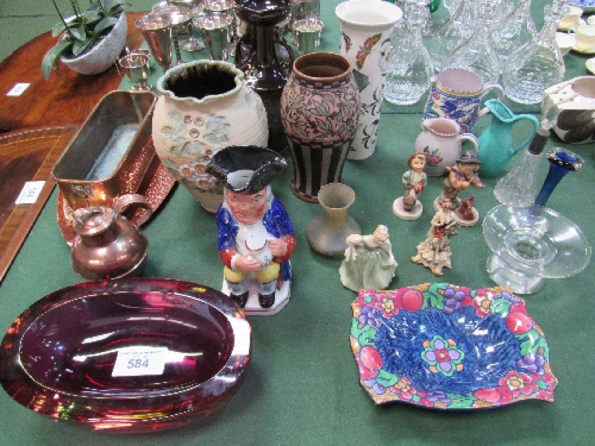 2 items of copper, very heavy coloured glass bowl, Portmerion Botanic Gardens vase & other china &