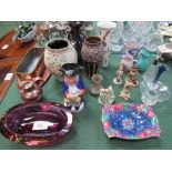 2 items of copper, very heavy coloured glass bowl, Portmerion Botanic Gardens vase & other china &