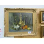 Framed oil on board of still life fruit & flagon, signed Marguerite Boyle, 22" x 26"