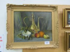 Framed oil on board of still life fruit & flagon, signed Marguerite Boyle, 22" x 26"