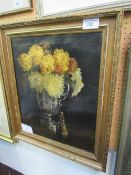 19th century still life oil on canvas of chrysanthemums in silver cup with brass figurine, image