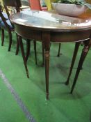 Small mahogany demi-lune table with glass inset, 29" x 16" x 30" high