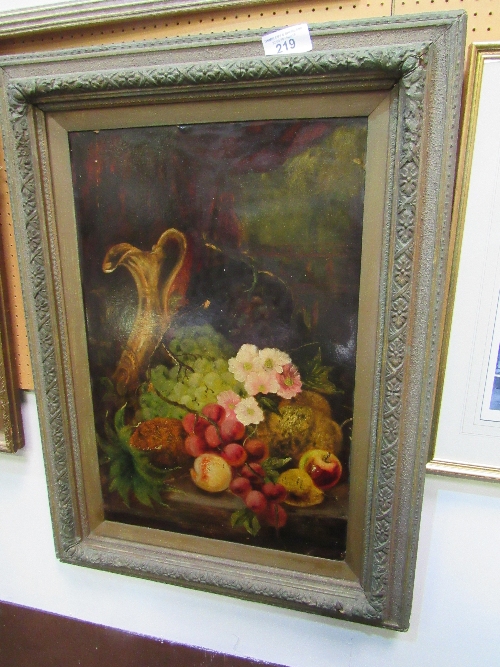 Large 19th century English school oil on board still life of copper jug with fruit, grapes & vines - Image 2 of 2