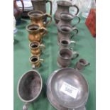 Collection of brass & pewter measures including pewter quart measure, marked ER
