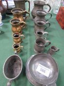 Collection of brass & pewter measures including pewter quart measure, marked ER