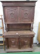 French carved oak dresser of 2 cupboards over 2 frieze drawers & double cupboard, 55" x 87" x 22"