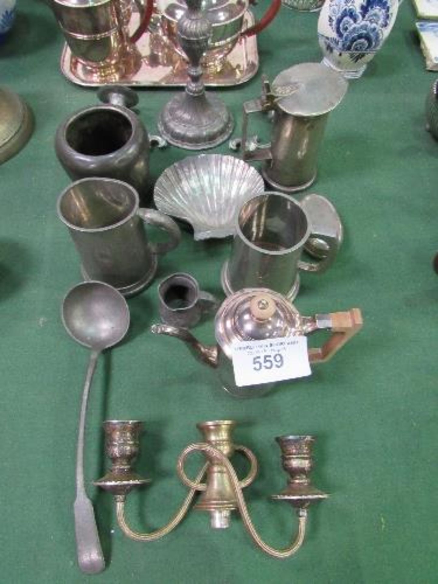 Qty of silver plate & pewter items including an old pewter lidded tankard with profuse touch marks