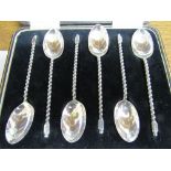 Set of 6 barley twist handled teaspoons, in a case, 925 silver by Cooper Bros. & Sons, Sheffield