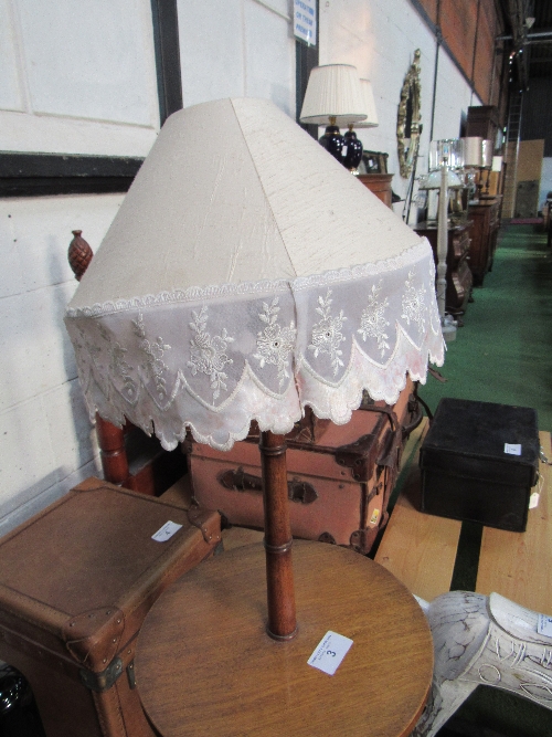 Oak turned standard lamp cum occasional table on tripod base, table 16" diameter, height 53" - Image 3 of 3