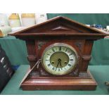 Junghans oak cased mantle clock, spandrels, bevelled glass with slight chip, c/w key, in going