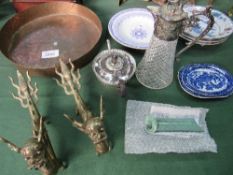 A pair of fine brass oriental dragons, a large copper pan, silver plate teapot, 3 old ironstone